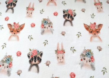 Luna Biostoff verspielter Jersey mit Waldtieren und Blumenkränzen weiss